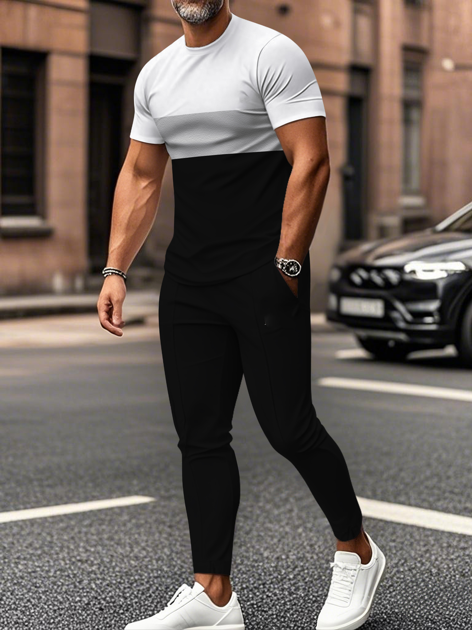 Men's fashion casual color matching striped printed short sleeved trousers two-piece set