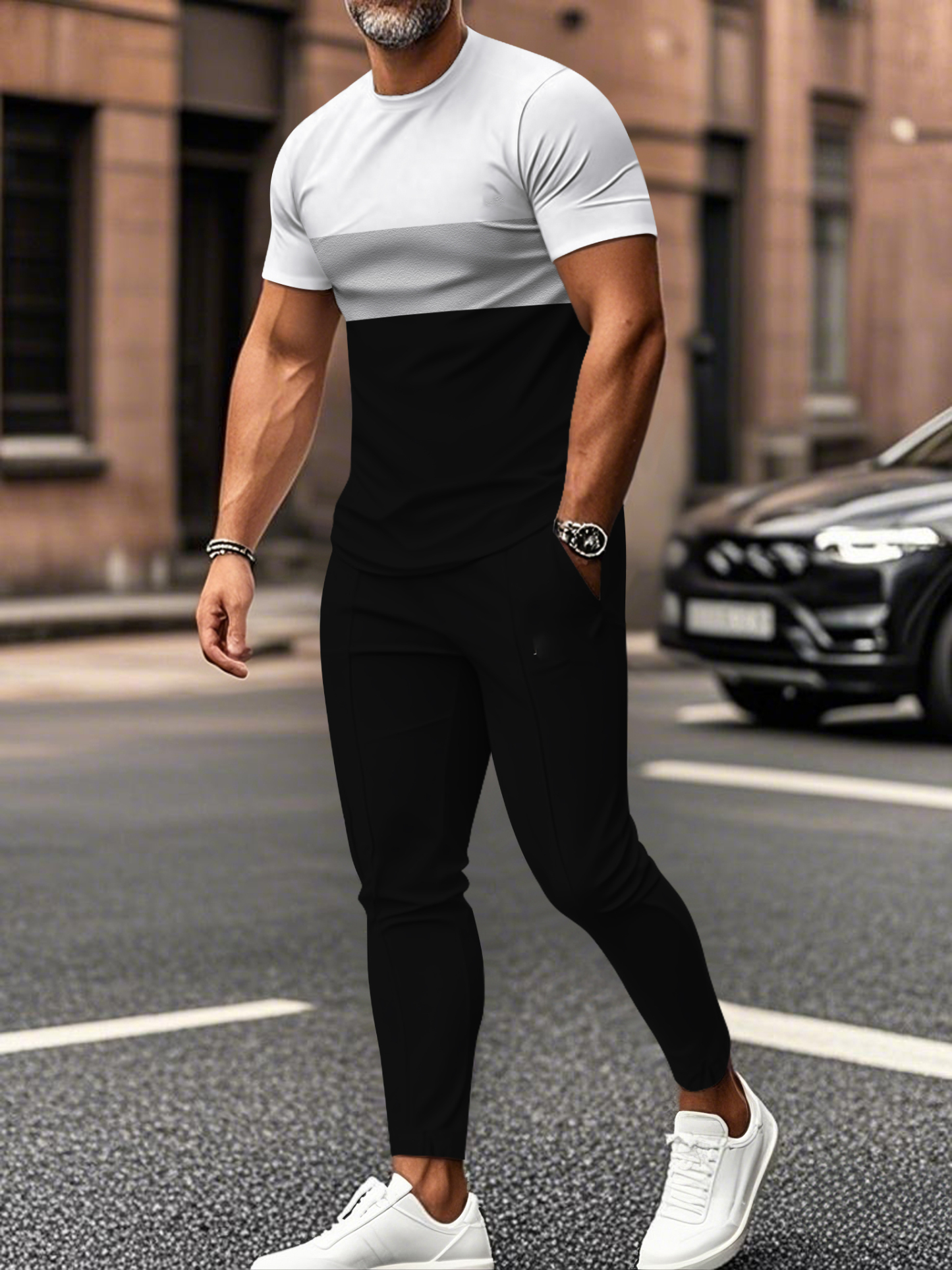 Men's fashion casual color matching striped printed short sleeved trousers two-piece set