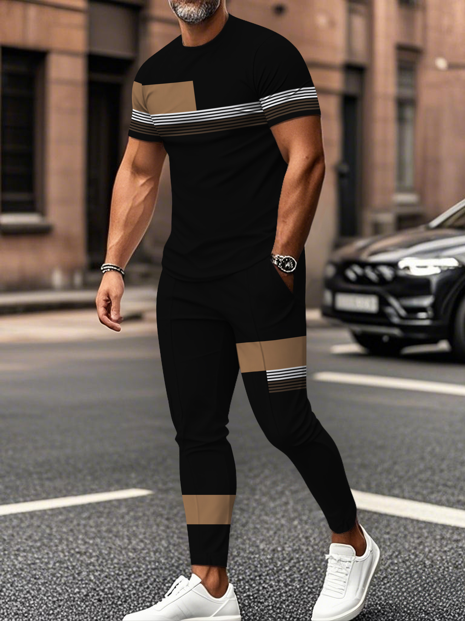 Men's fashion casual color matching striped printed short sleeved trousers two-piece set