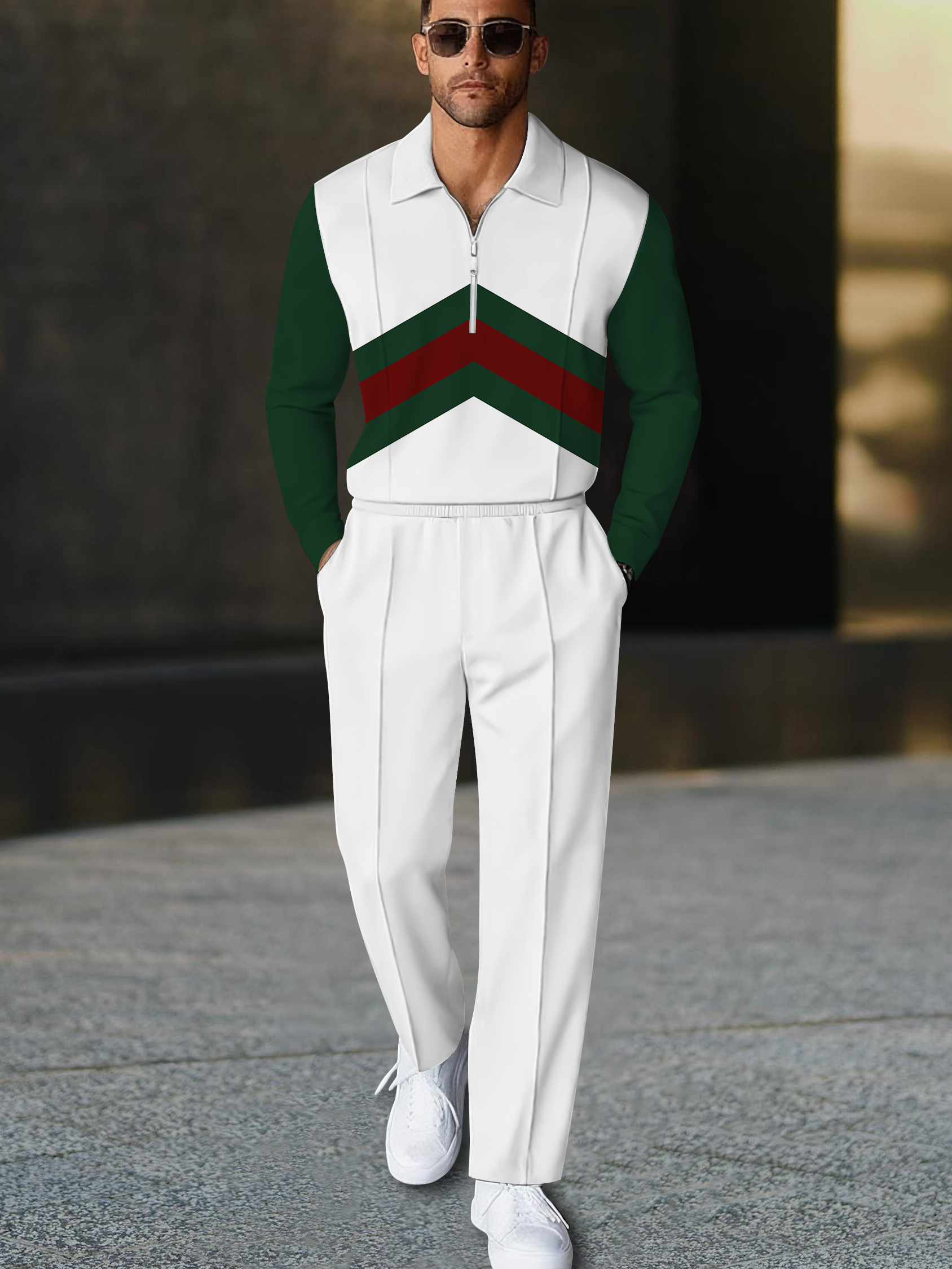 Men's fashion casual geometric print long sleeve zipper polo two-piece set