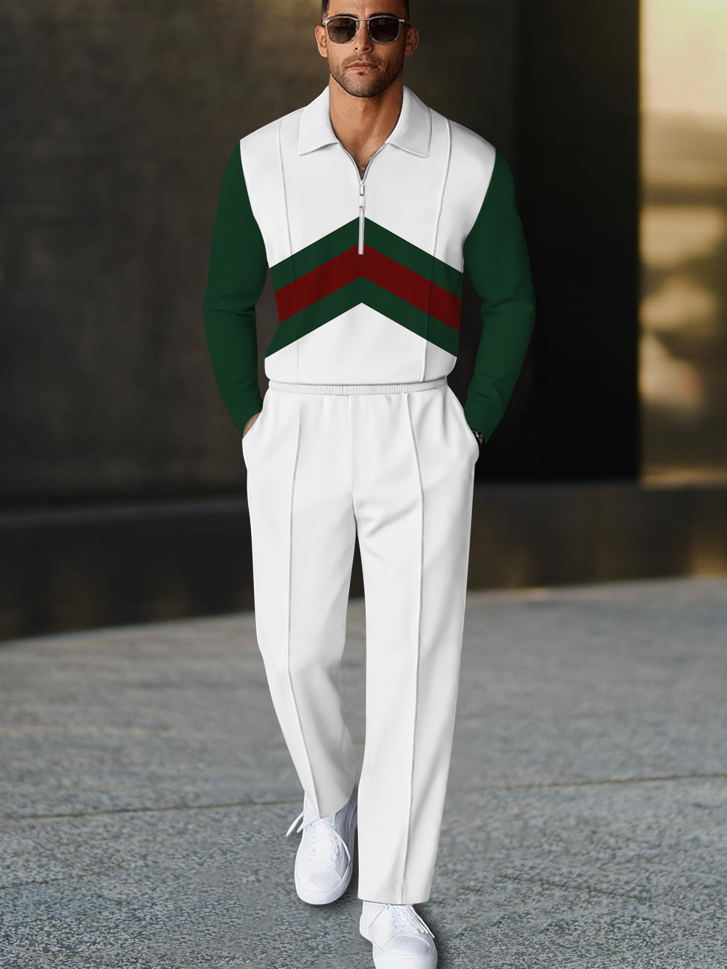 Men's fashion casual geometric print long sleeve zipper polo two-piece set