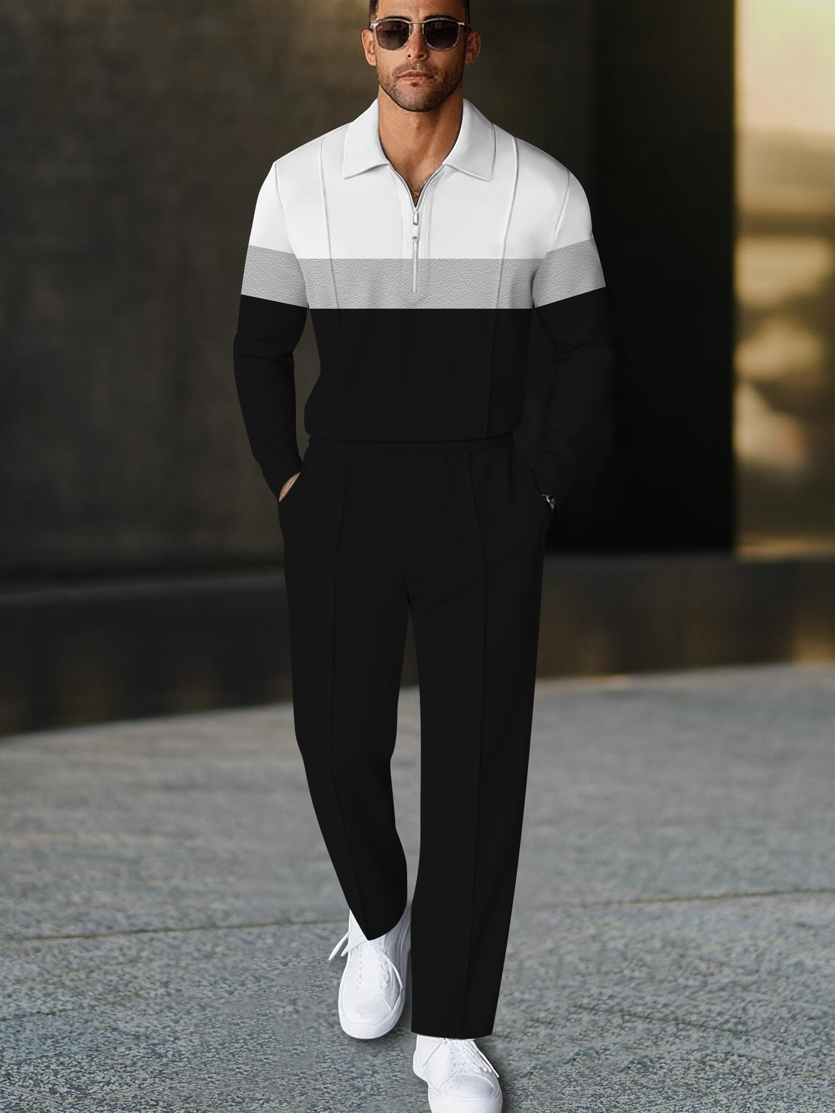 Men's fashion casual geometric print long sleeve zipper polo two-piece set