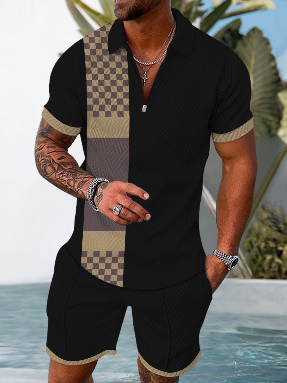 Men's fashion casual geometric print short sleeve polo two-piece set