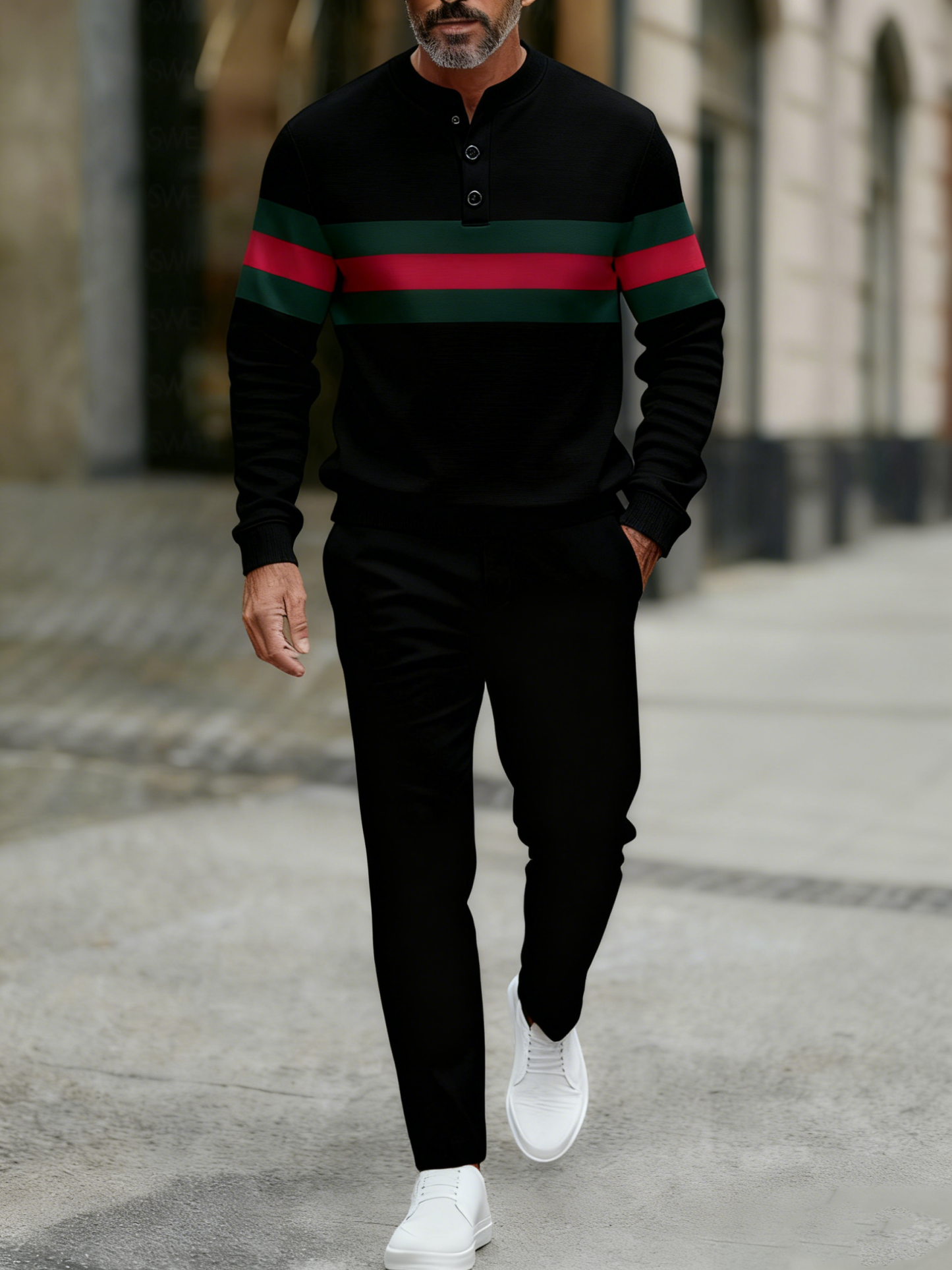 Men's fashion casual geometric print long sleeve zipper two-piece set