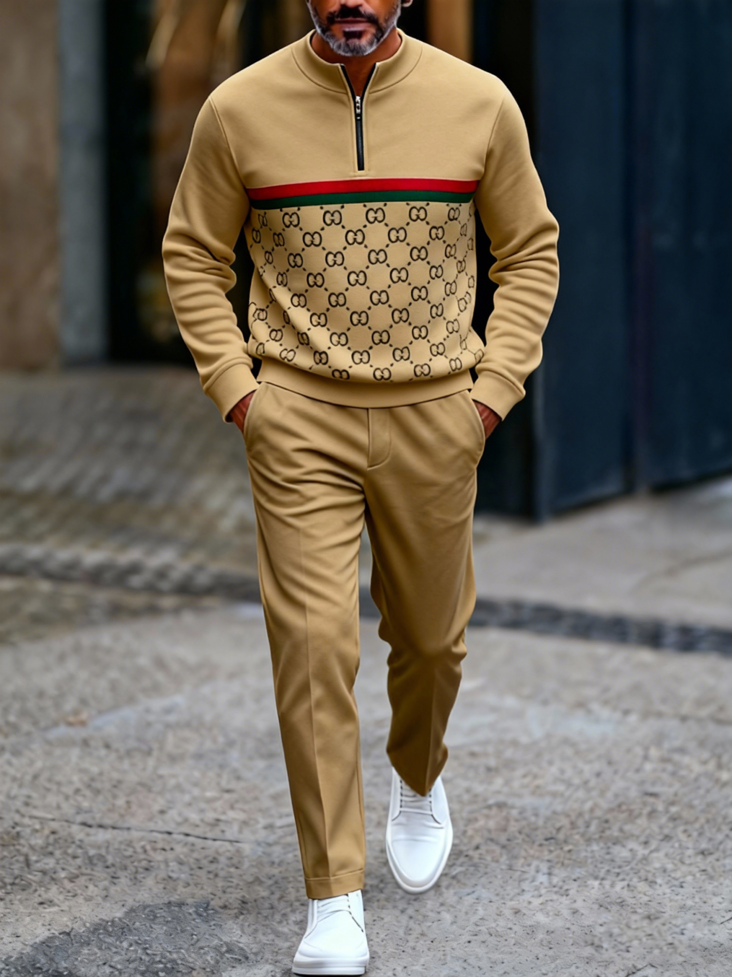 Men's fashionable casual business color-block round-neck zipper long-s