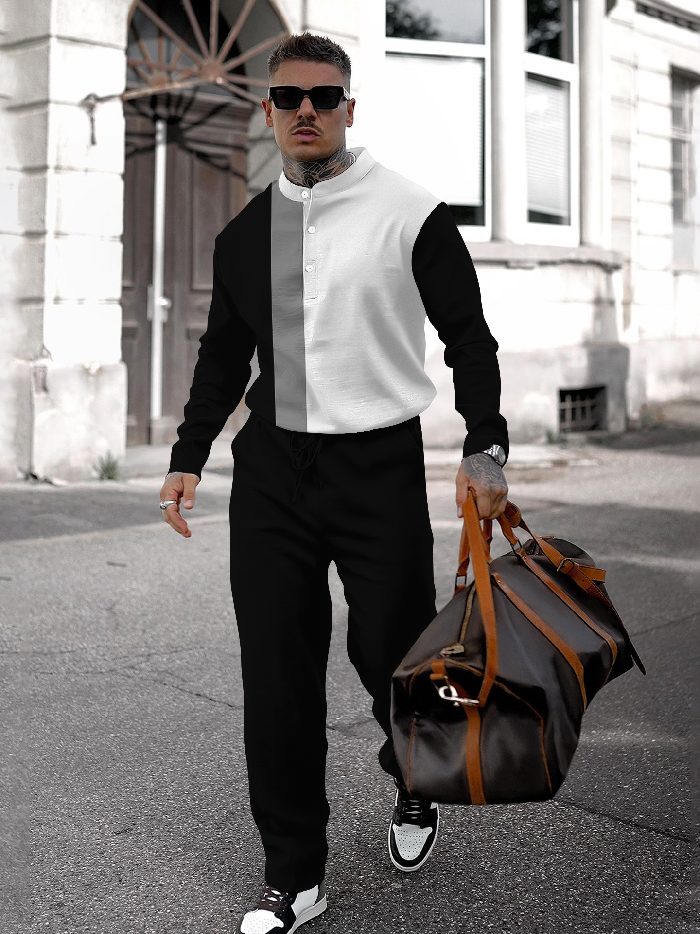 Men's fashion casual geometric print long sleeve two-piece set