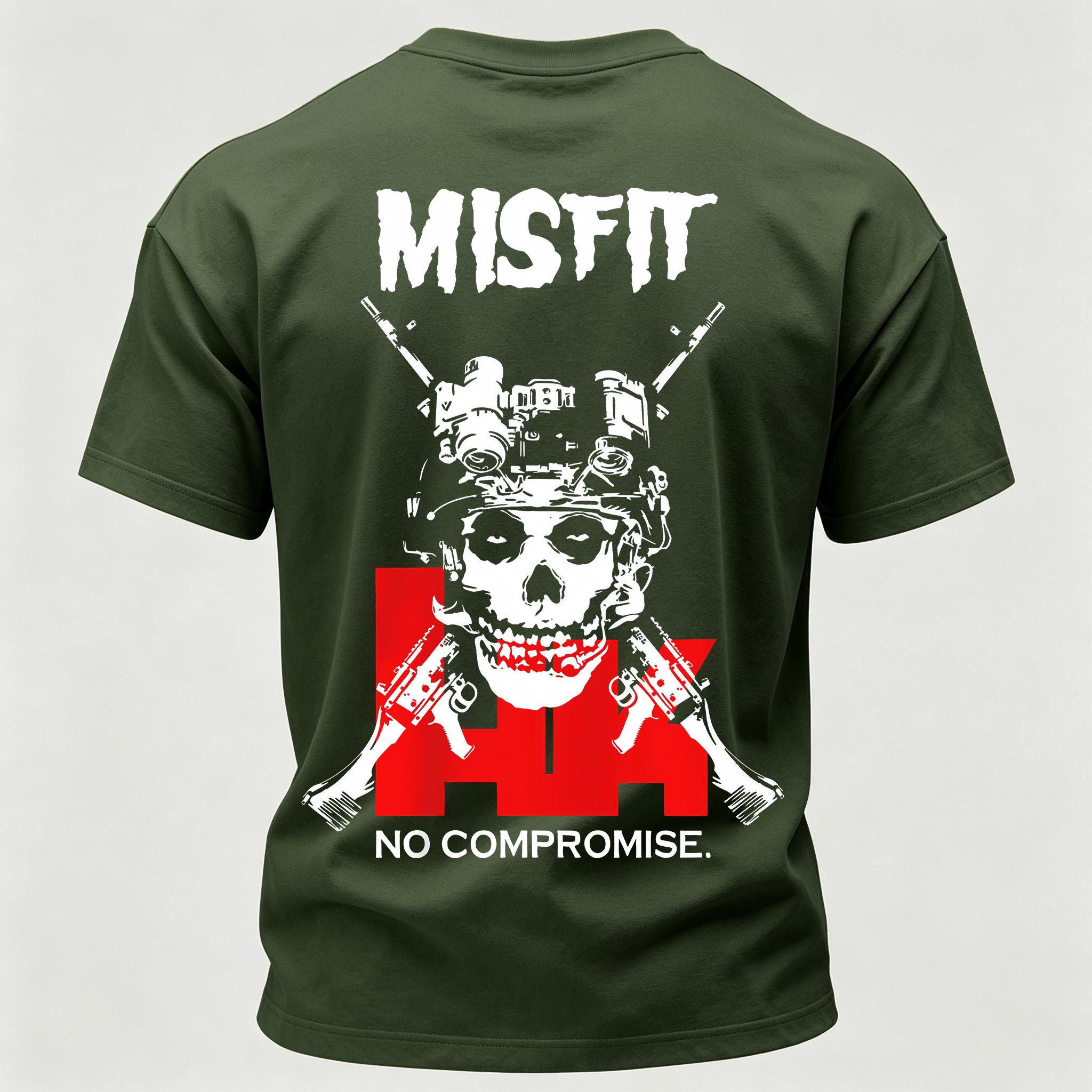 Men’s MISFIT No Compromise Tactical Skull Helmet NVG Rifle Graphic Tee Back Print T Shirt