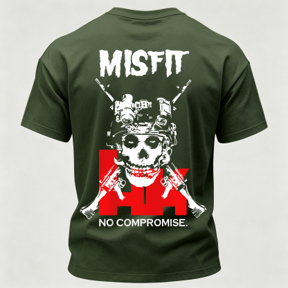 Men’s MISFIT No Compromise Tactical Skull Helmet NVG Rifle Graphic Tee Back Print T Shirt