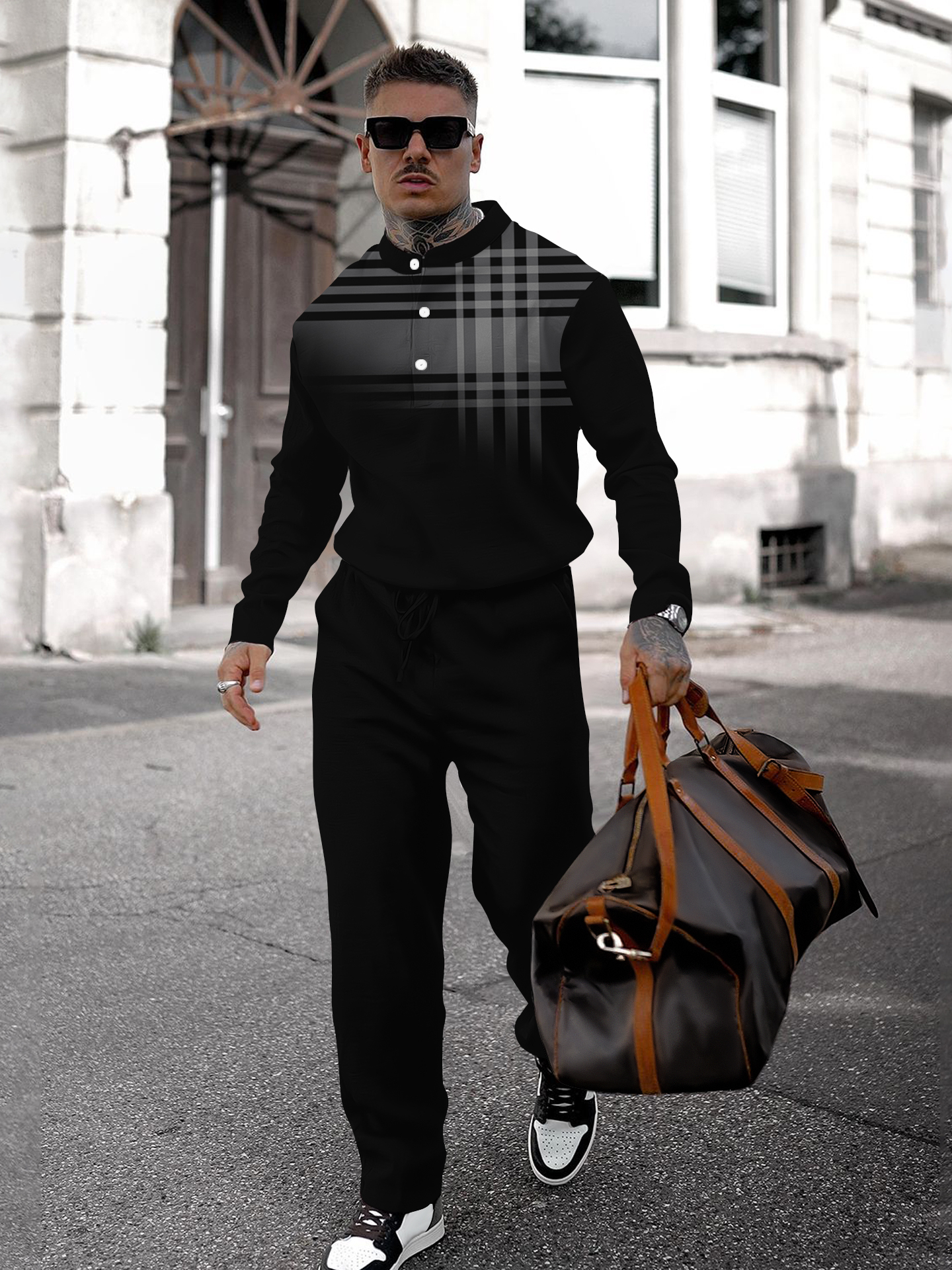 Men's fashion casual geometric print long sleeve two-piece set