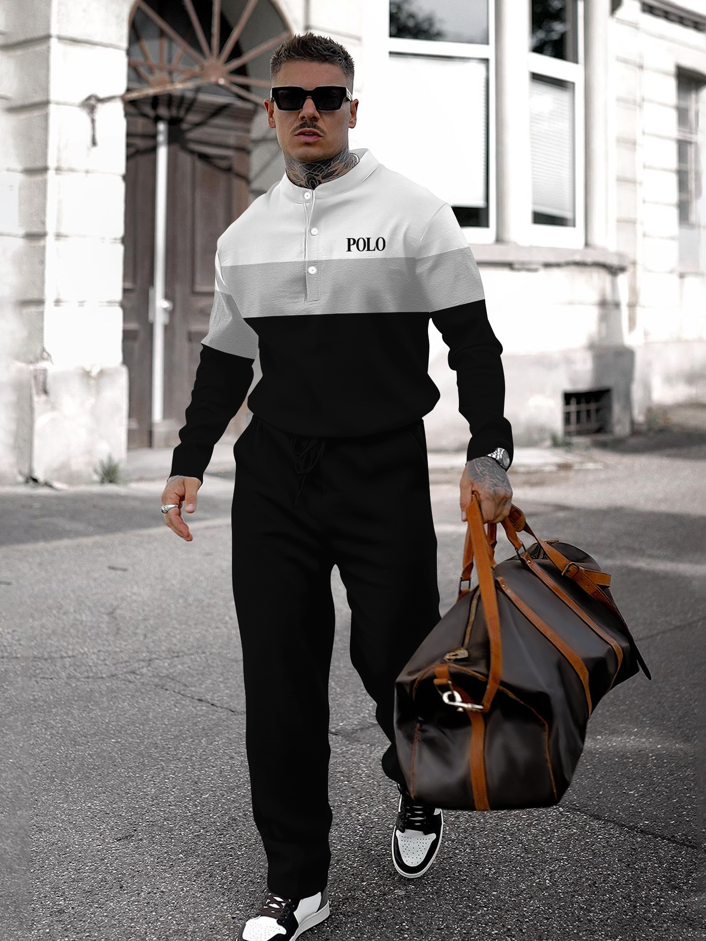 Men's fashion casual geometric print long sleeve two-piece set