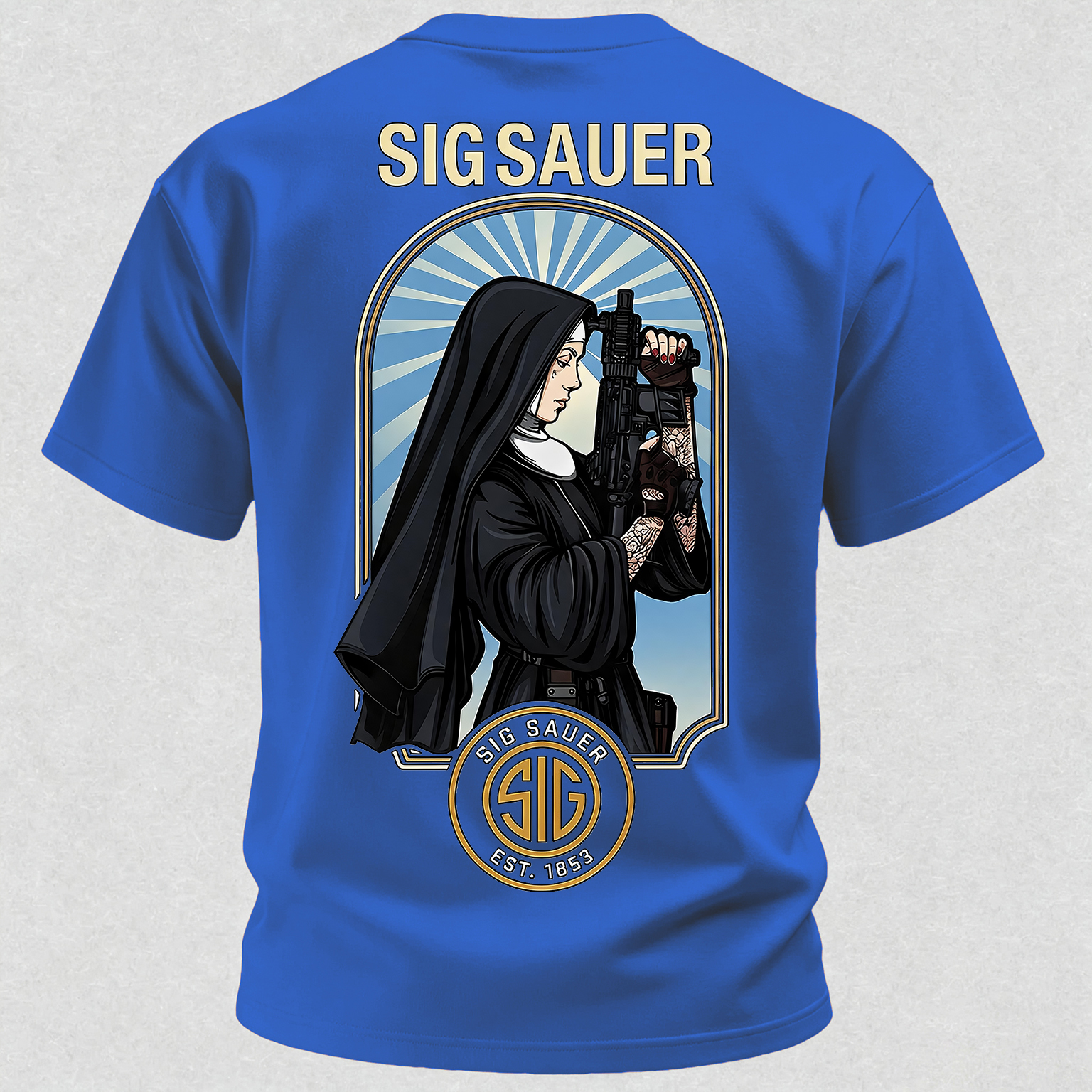 Precision Tactical Arch Window Nun with Rifle Since 1853 Vintage Illustration Cotton Print Men's T-Shirt