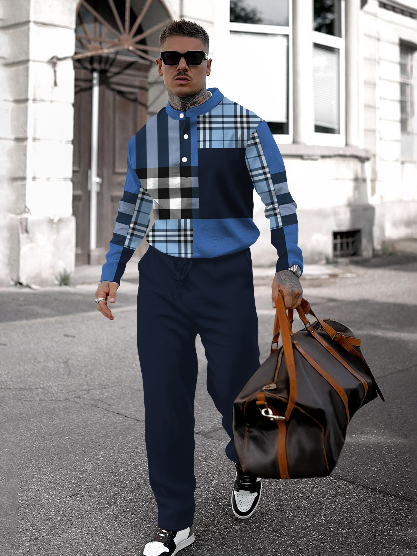 Men's fashion casual geometric print long sleeve two-piece set