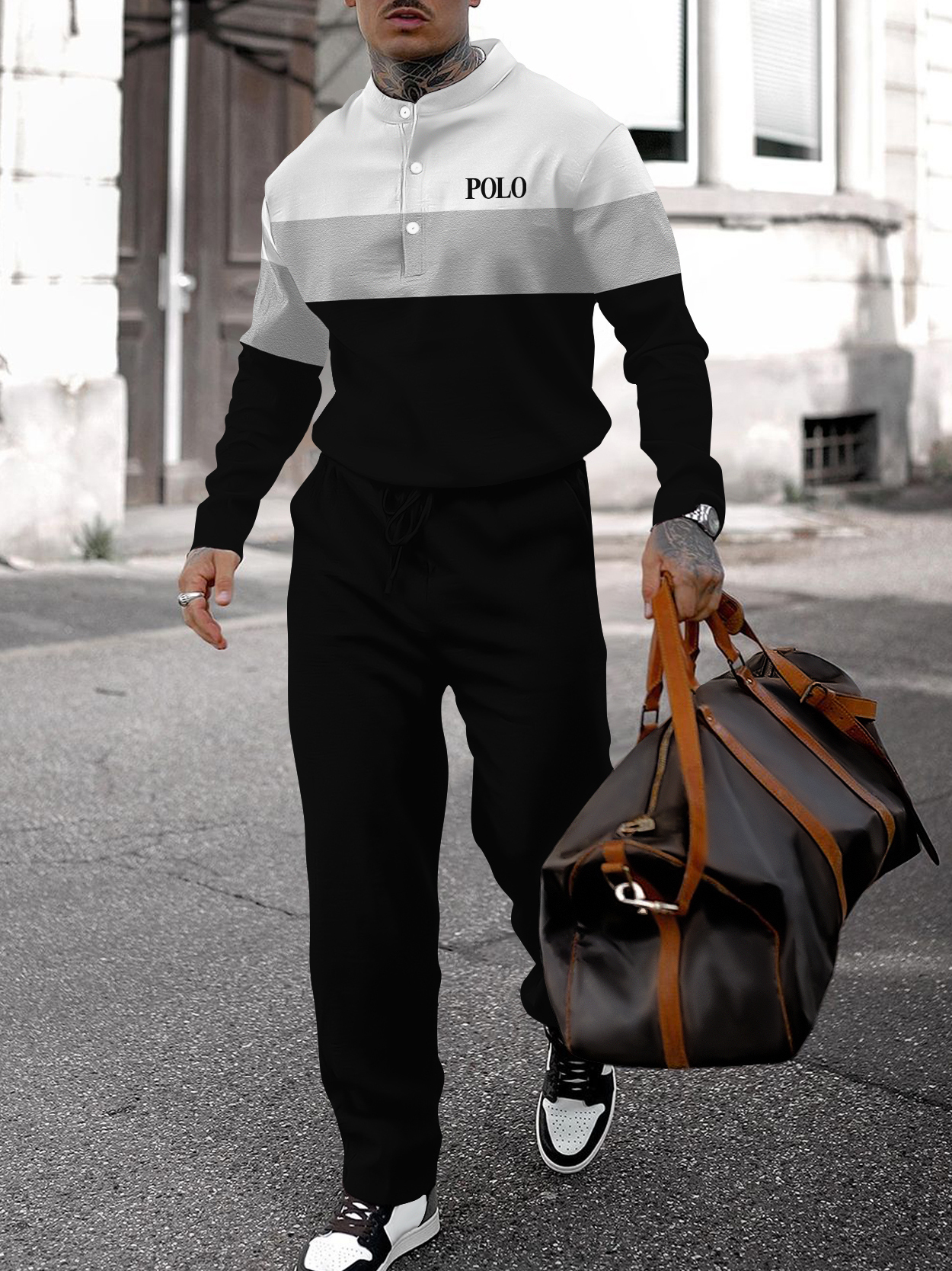 Men's fashion casual geometric print long sleeve two-piece set