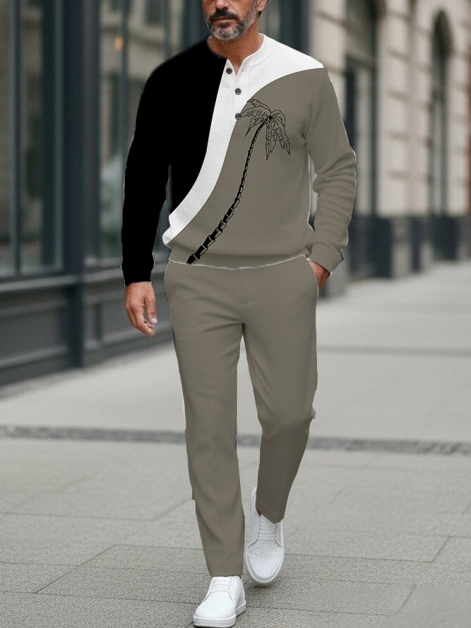 Men's Fashion Casual Geometric Print Long Sleeve Button Design Two-Piece Set