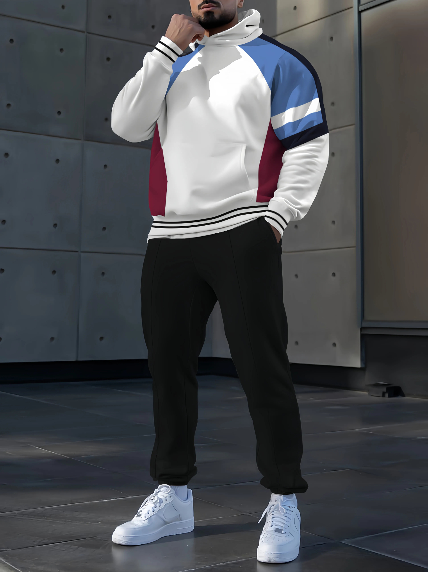 Men's fashion casual color match polo printed hoodie two-piece set