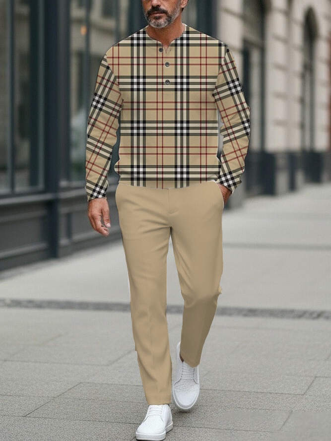 Men's Fashion Casual Geometric Print Long Sleeve Button Design Two-Piece Set