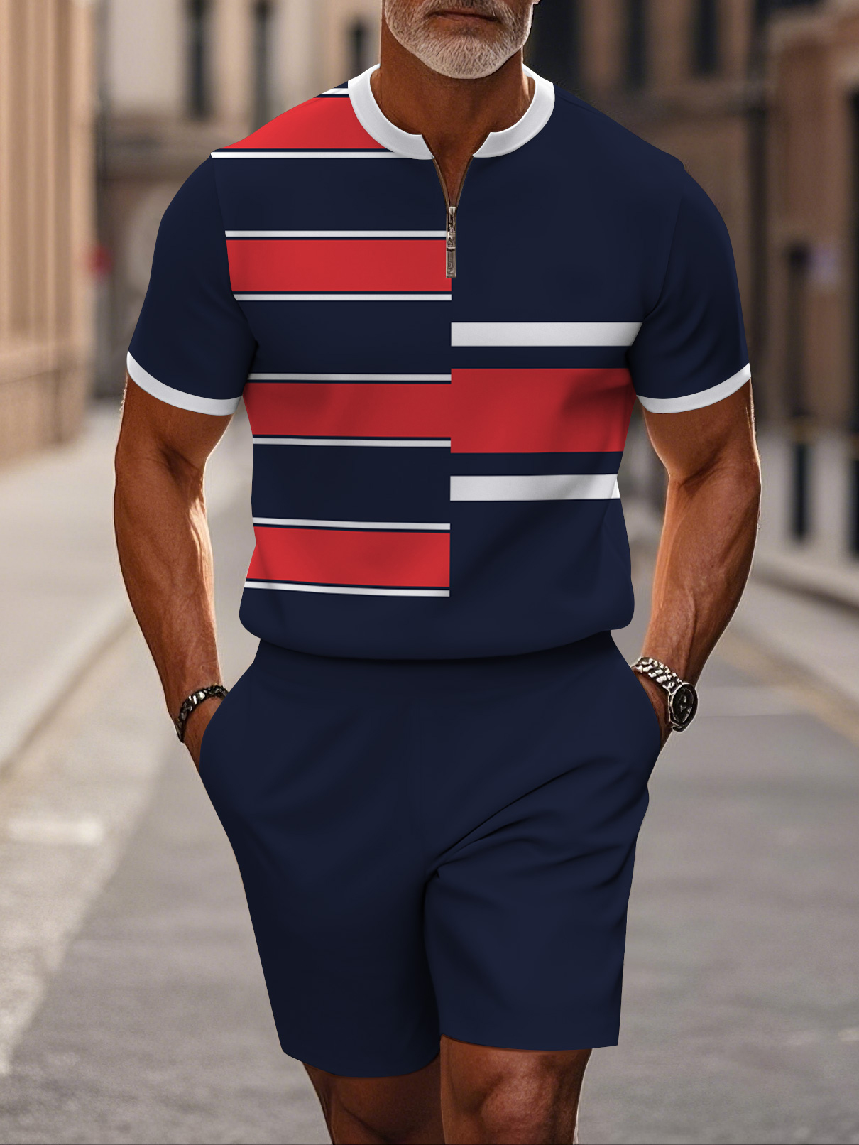 Men's fashion casual round-neck zipper geometric printed short-sleeved two-piece set