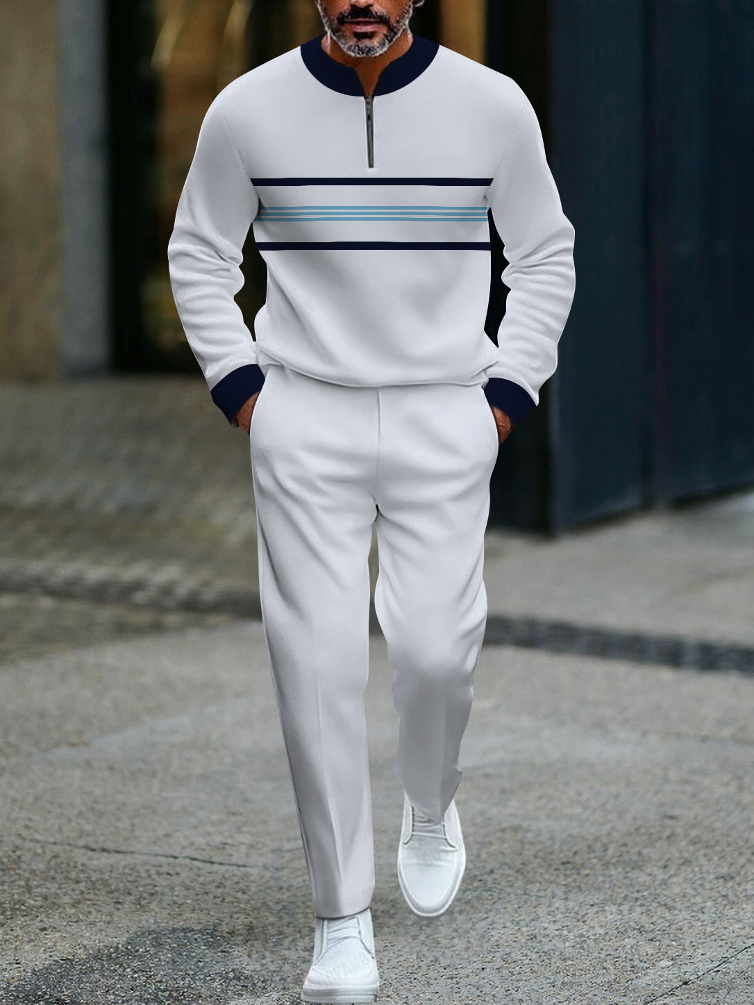 Men's fashion casual geometric print long sleeve zipper two-piece set