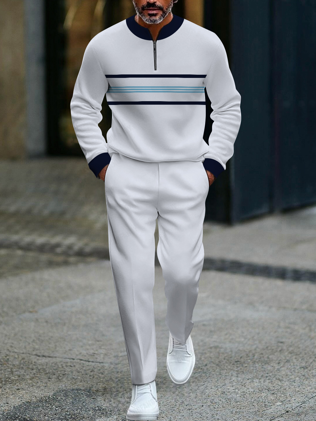 Men's fashion casual geometric print long sleeve zipper two-piece set