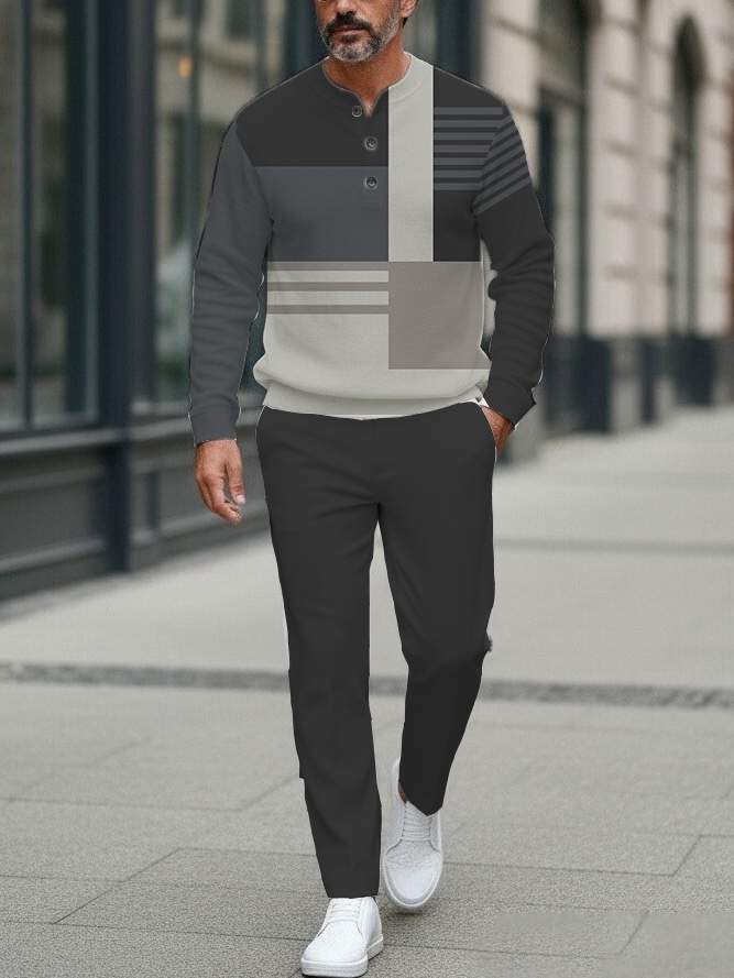 Men's Fashion Casual Geometric Print Long Sleeve Button Design Two-Piece Set