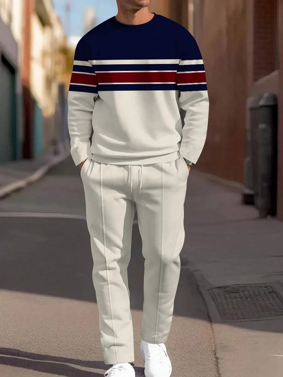 Men's fashion casual geometric printed hoodie two-piece set