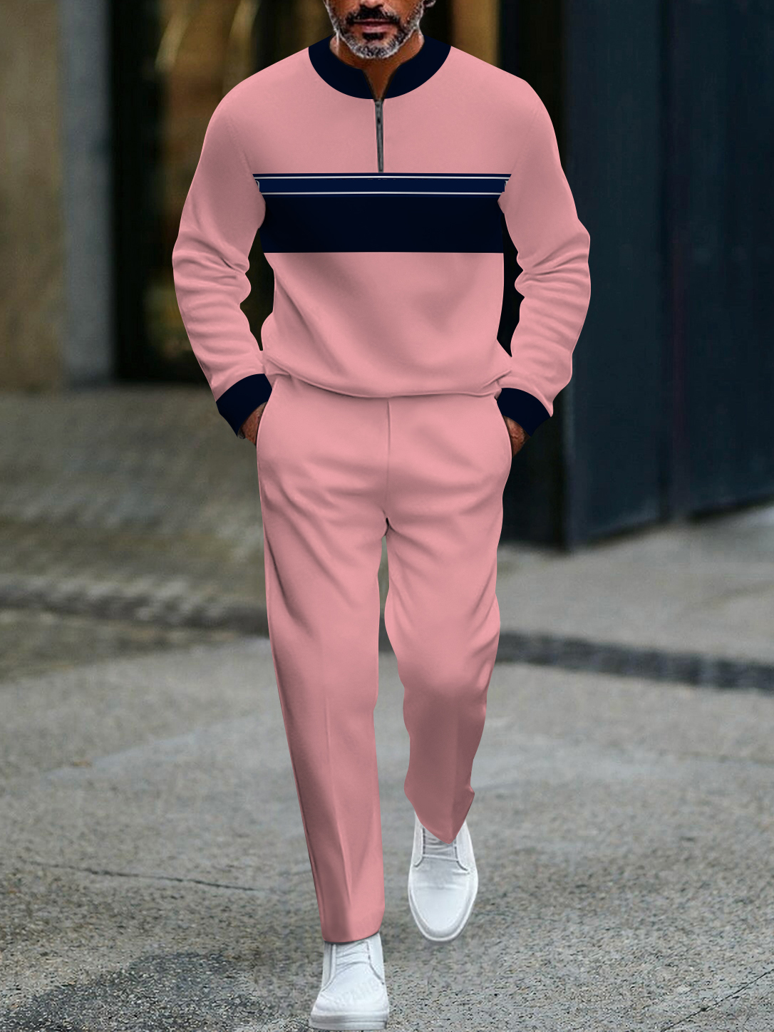 Men's fashion casual geometric print long sleeve zipper two-piece set