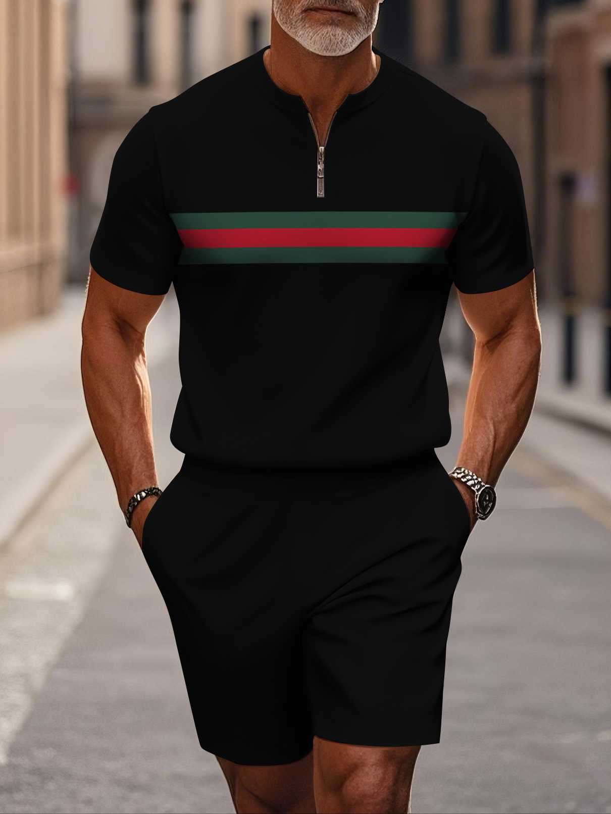 Men's fashion casual round-neck zipper geometric printed short-sleeved two-piece set