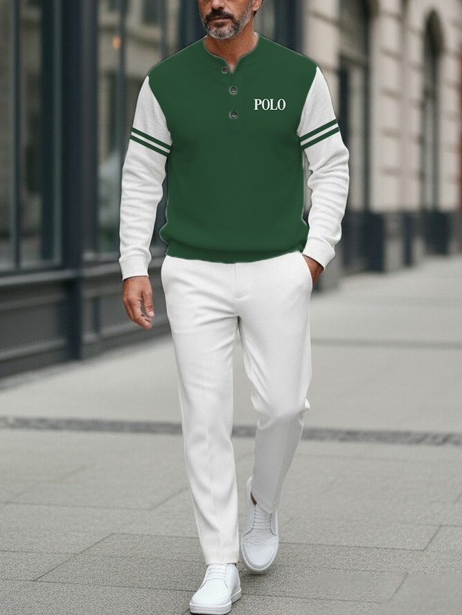 Men's Fashion Casual Geometric Print Long Sleeve Button Design Two-Piece Set