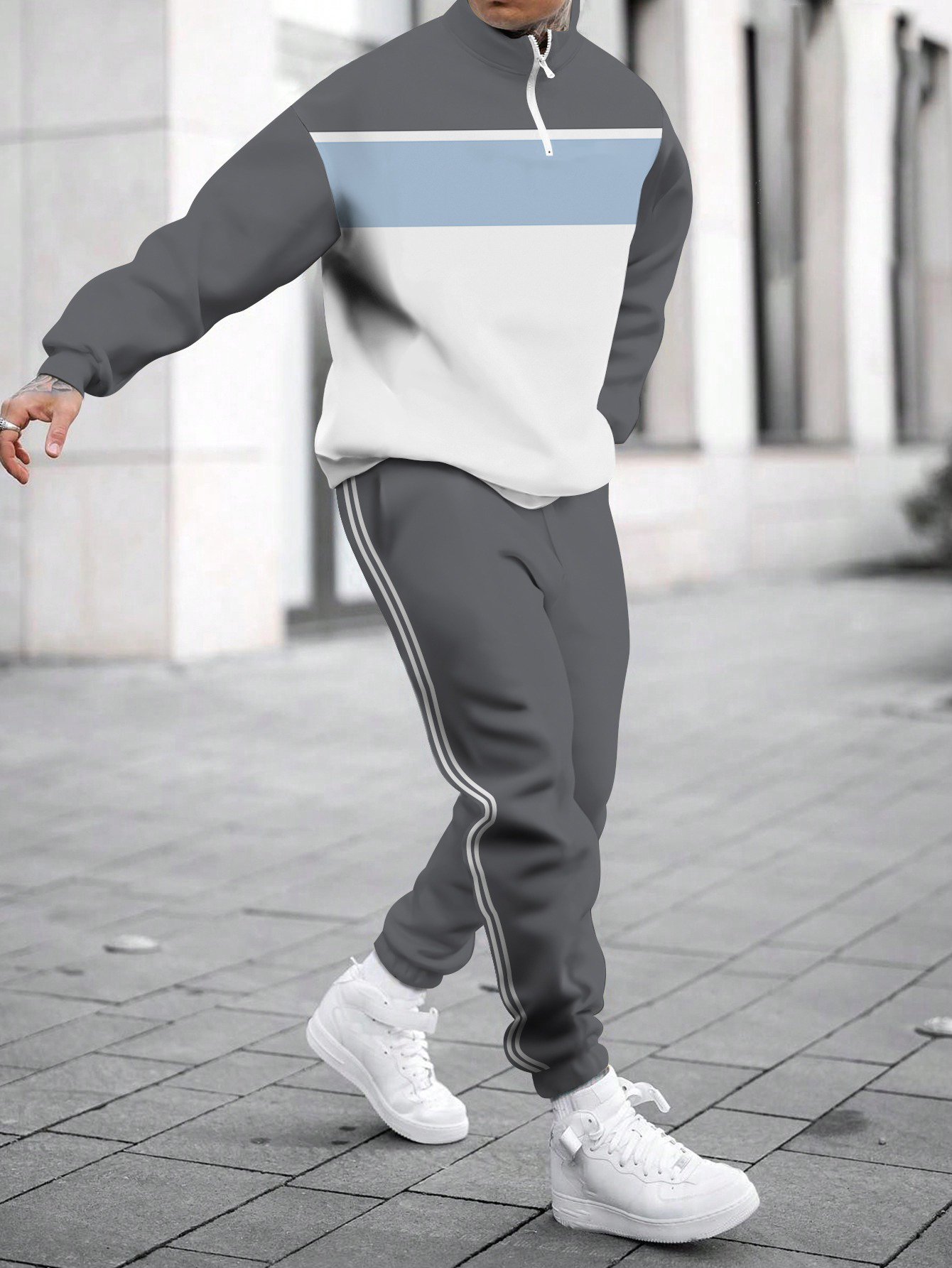 Men's fashion casual color match print long sleeve two piece set