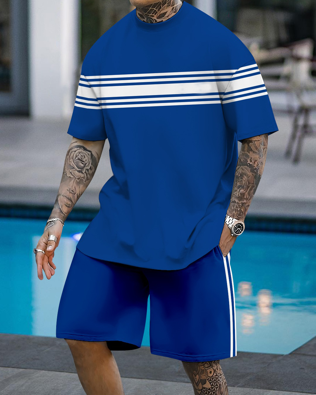 Men's fashion casual color matching printed short-sleeved two-piece se