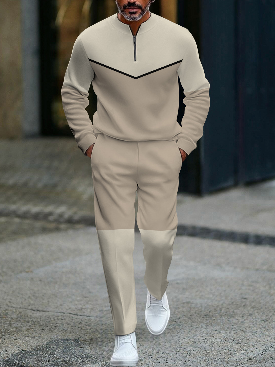 Men's fashion casual geometric print long sleeve zipper two-piece set