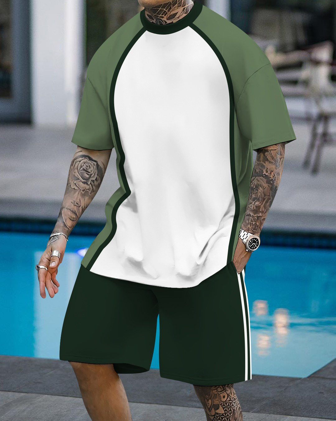 Men's fashion casual color matching printed short-sleeved two-piece se