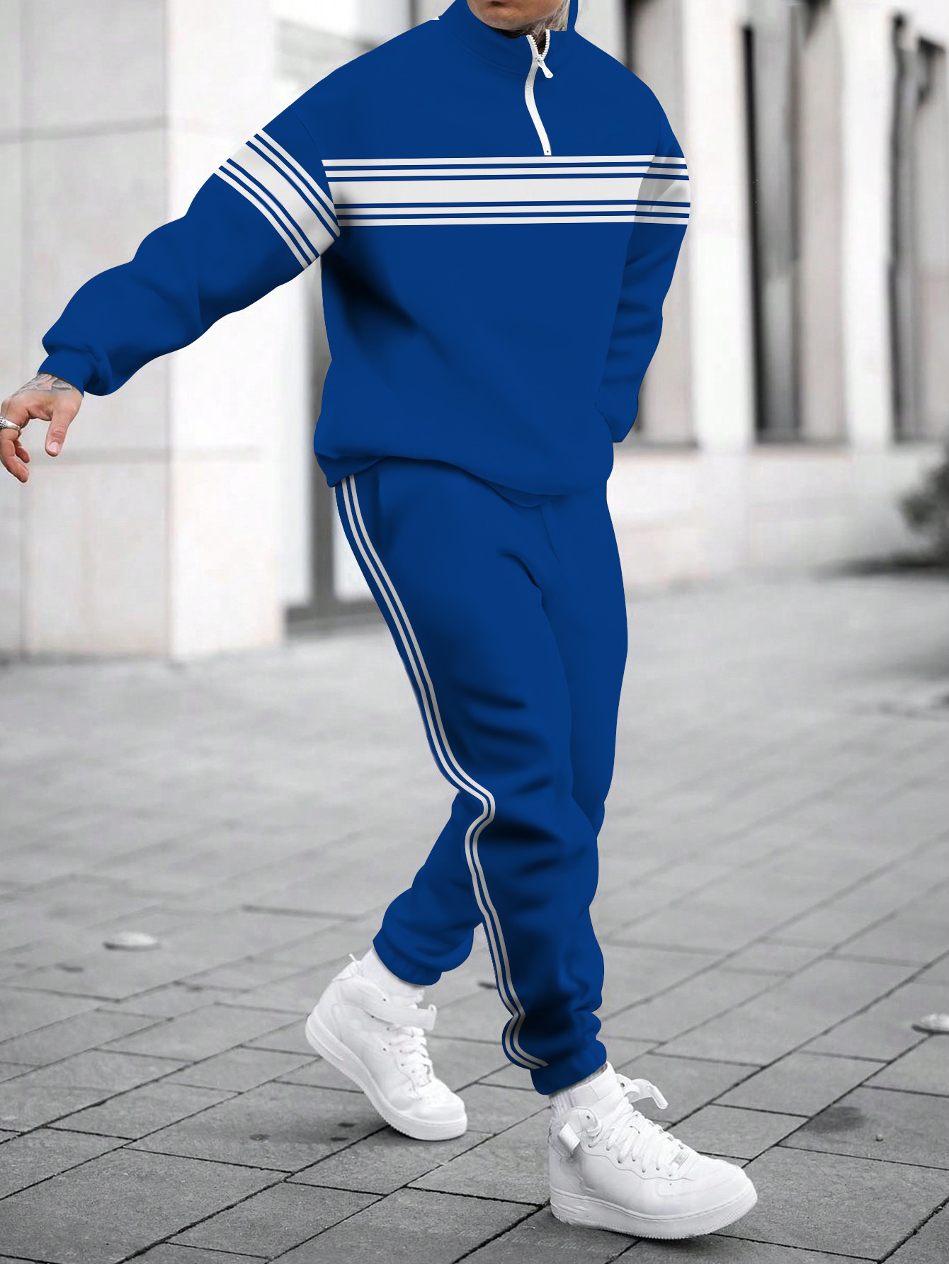 Men's fashion casual color match print long sleeve two piece set