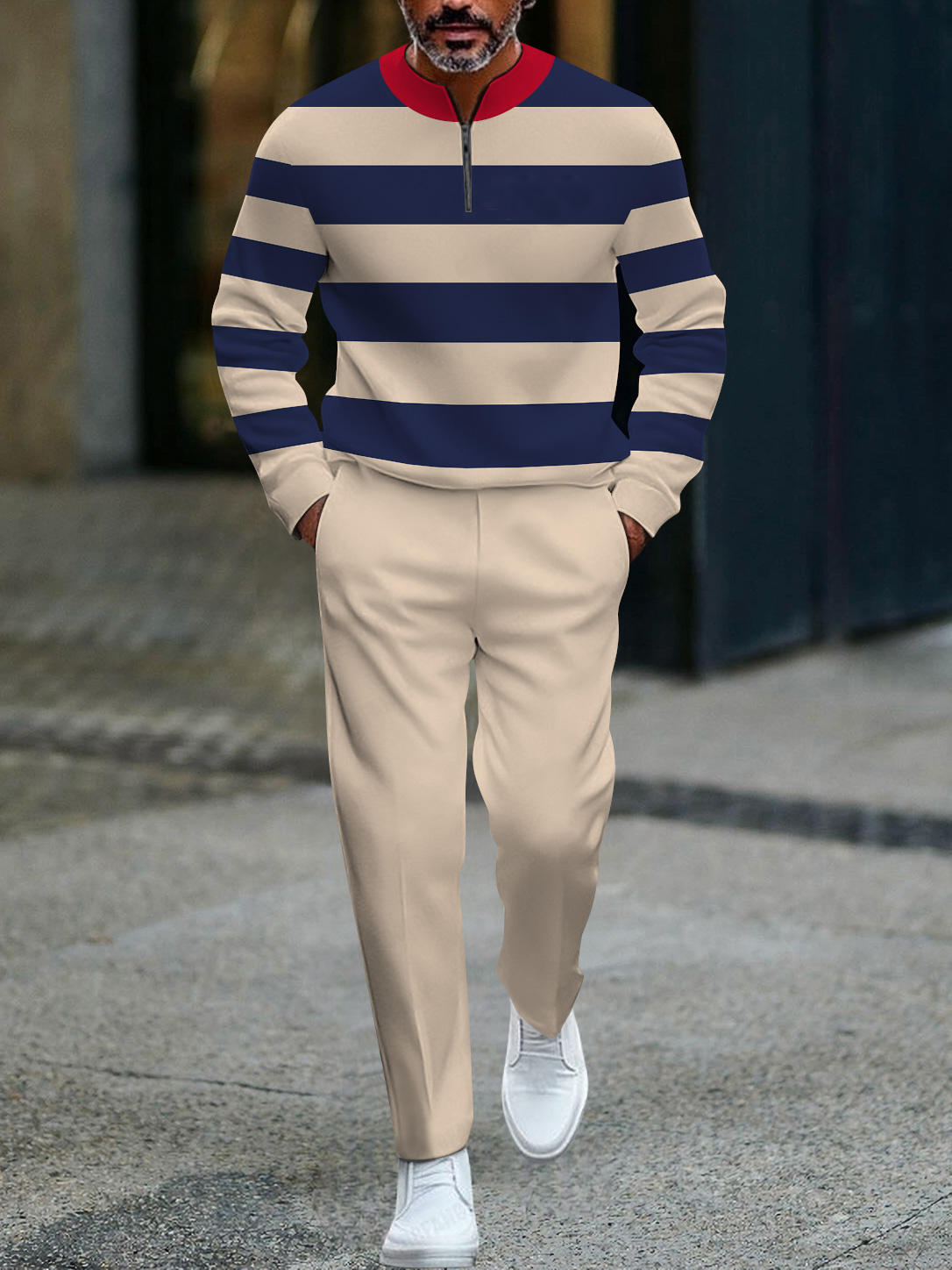 Men's fashion casual geometric print long sleeve zipper two-piece set