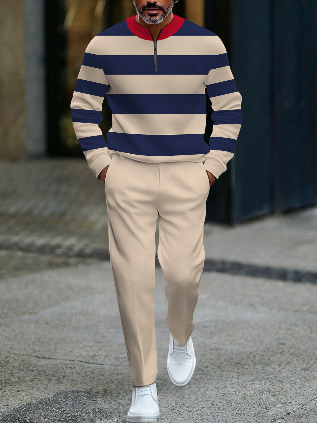 Men's fashion casual geometric print long sleeve zipper two-piece set