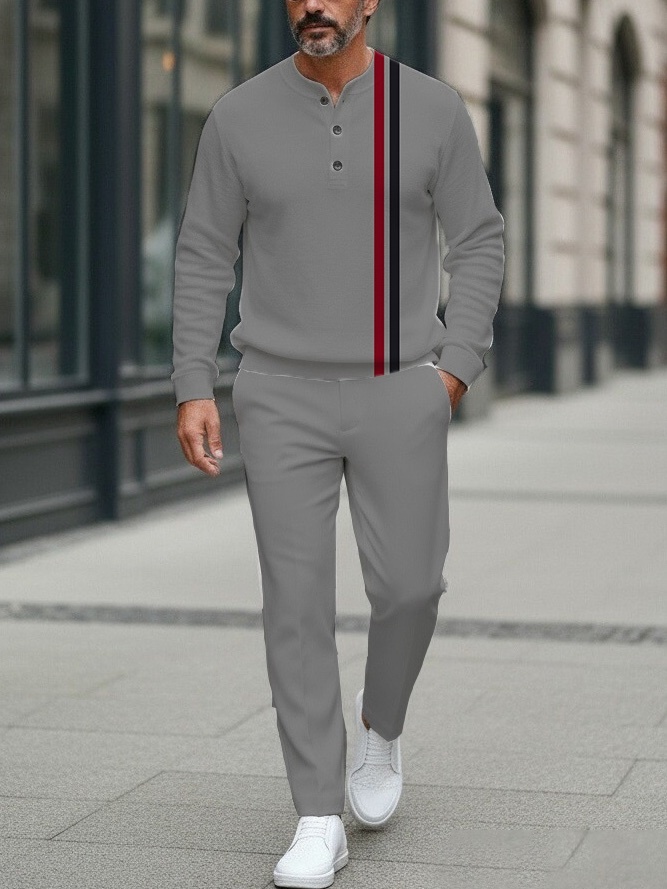 Men's fashion casual geometric print long sleeve zipper two-piece set