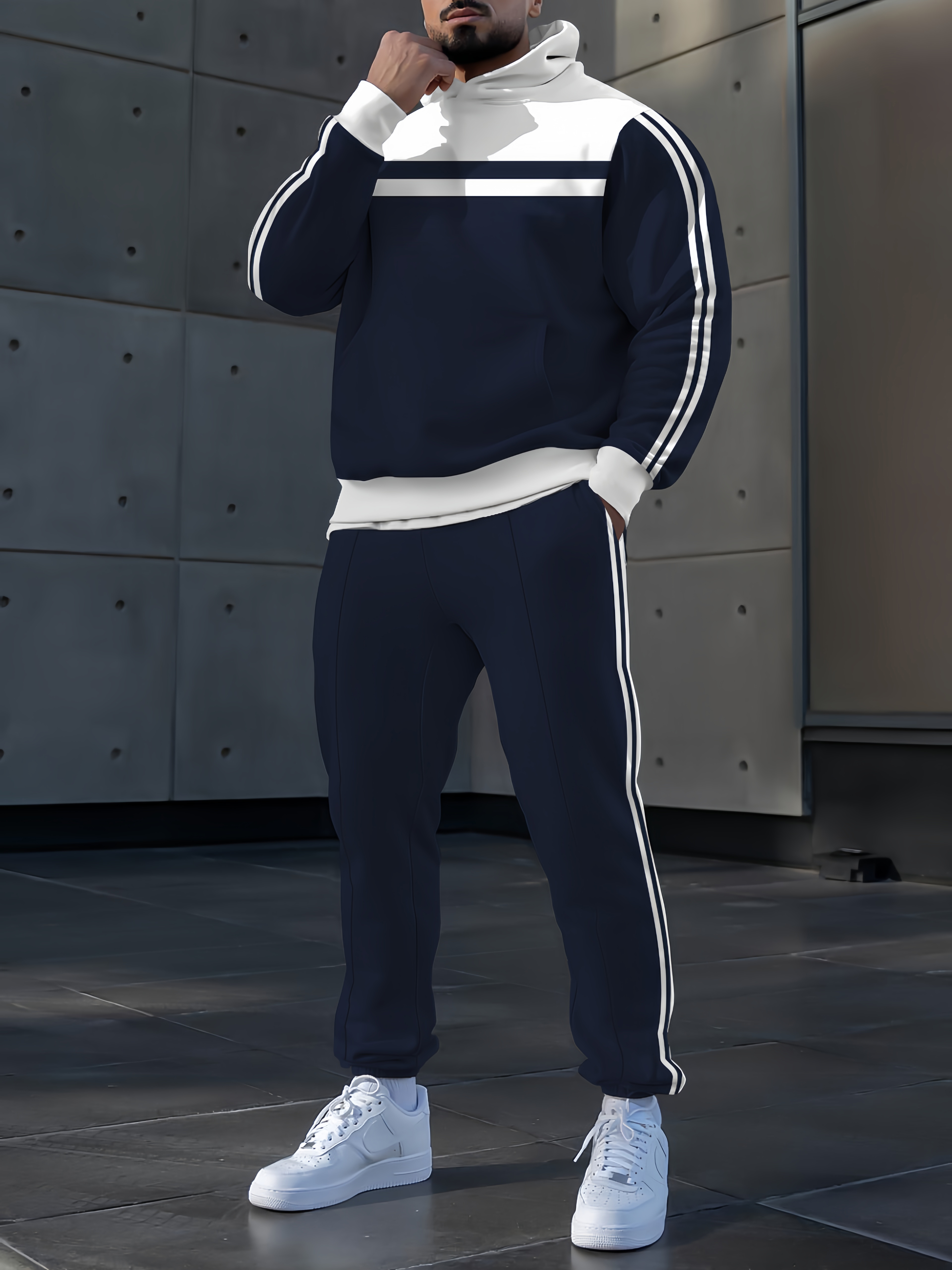 Men's fashion casual color matching striped print long sleeve two-piece set