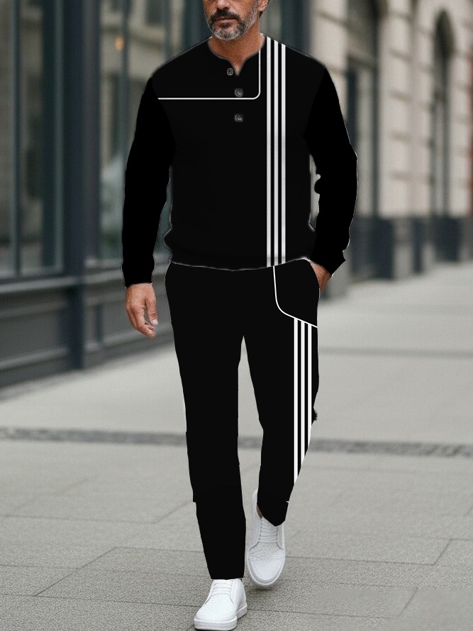 Men's Fashion Casual Geometric Print Long Sleeve Button Design Two-Piece Set