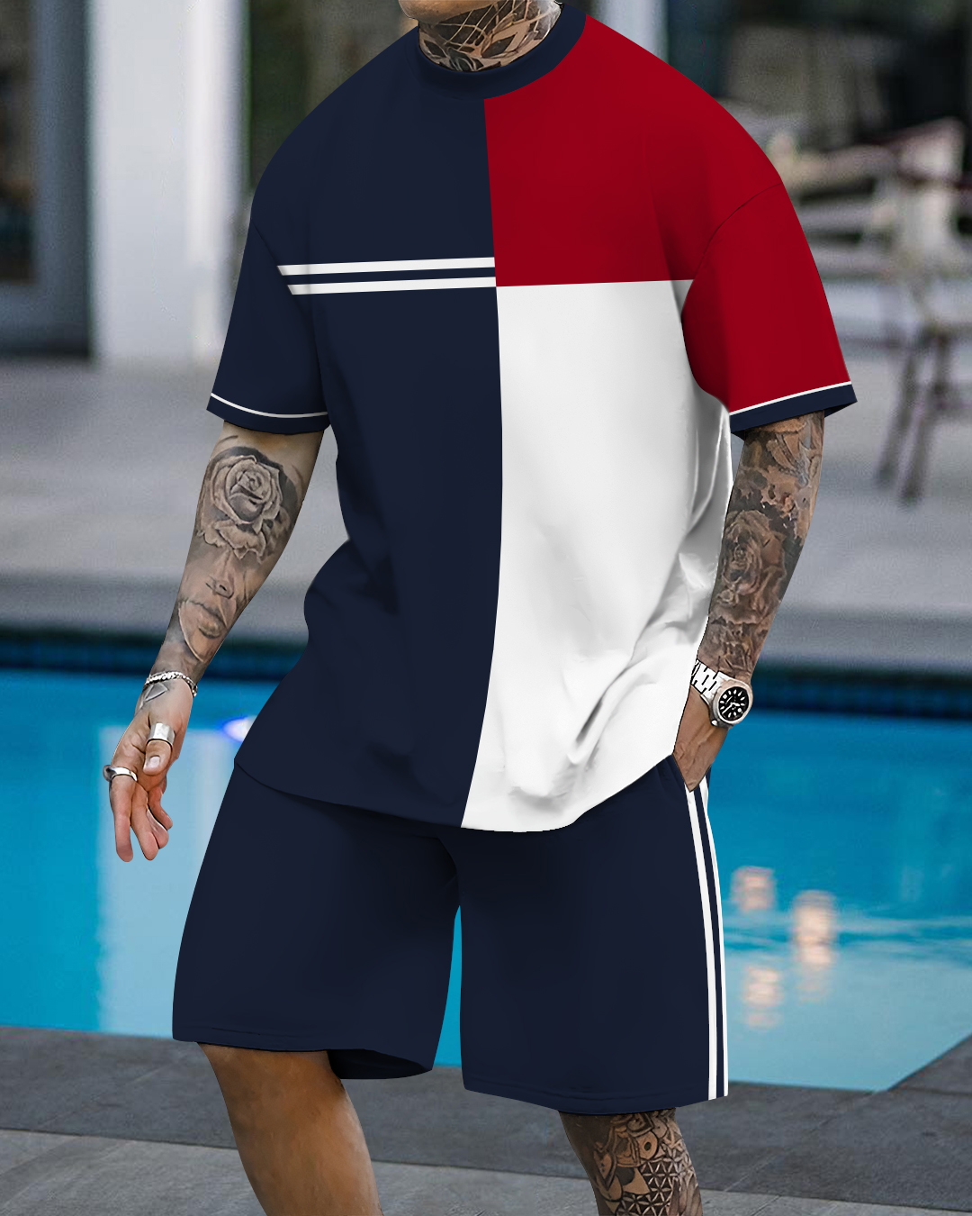 Men's fashion casual color matching printed short-sleeved two-piece set