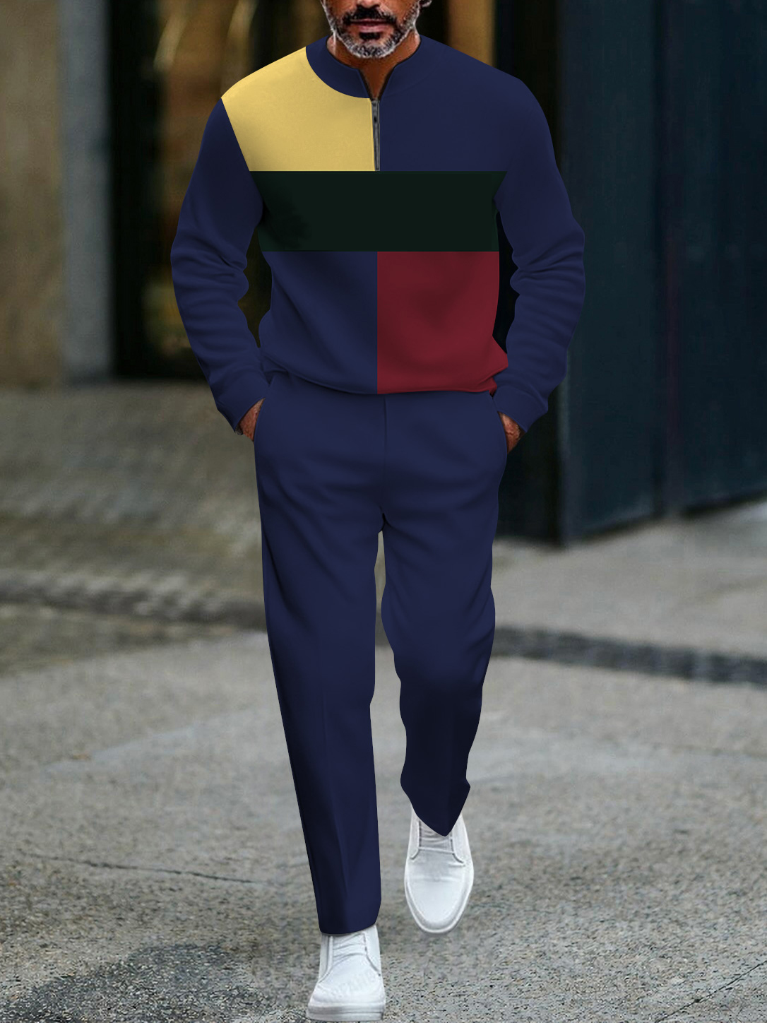 Men's fashion casual geometric print long sleeve zipper two-piece set