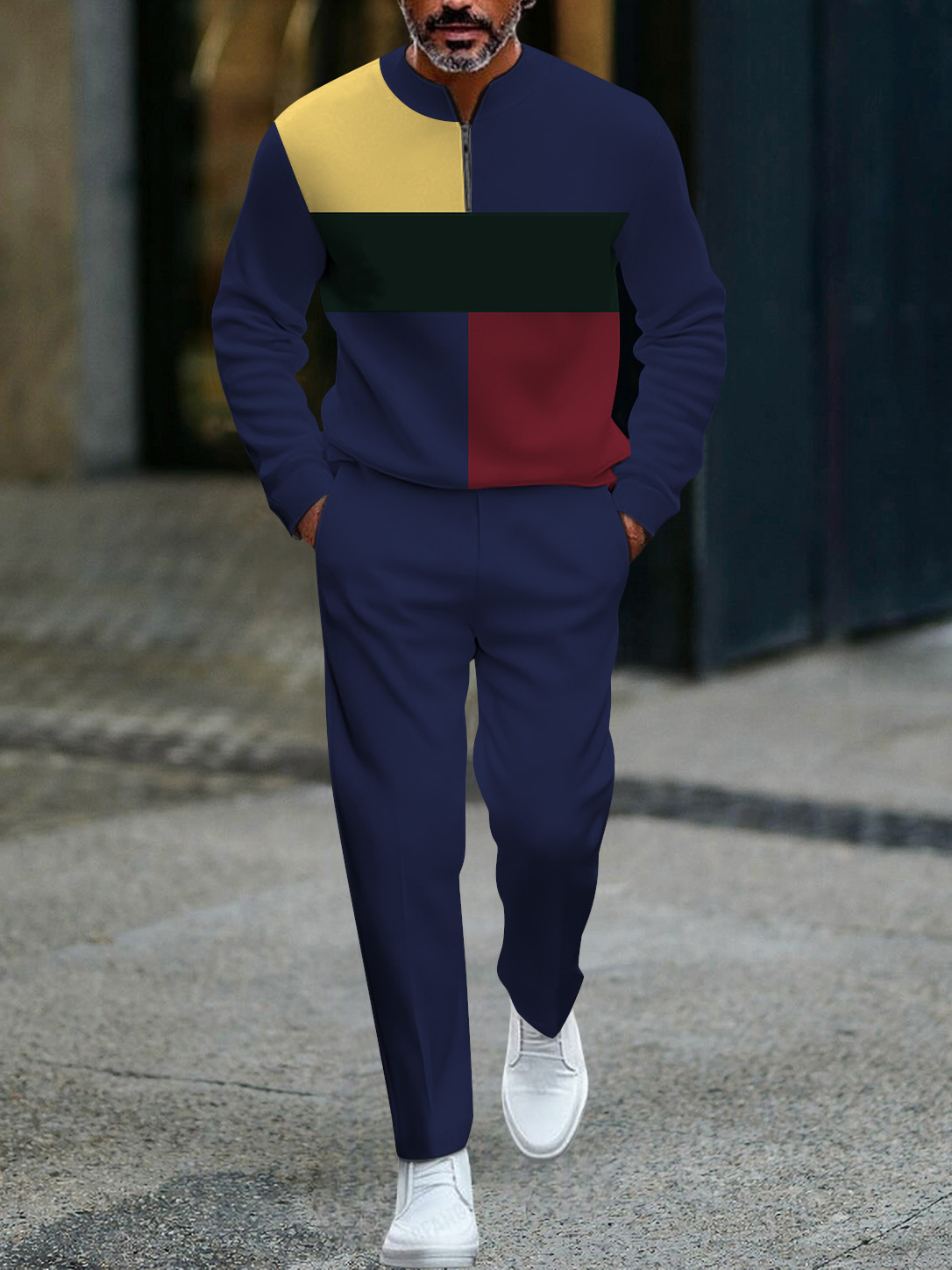 Men's fashion casual geometric print long sleeve zipper two-piece set