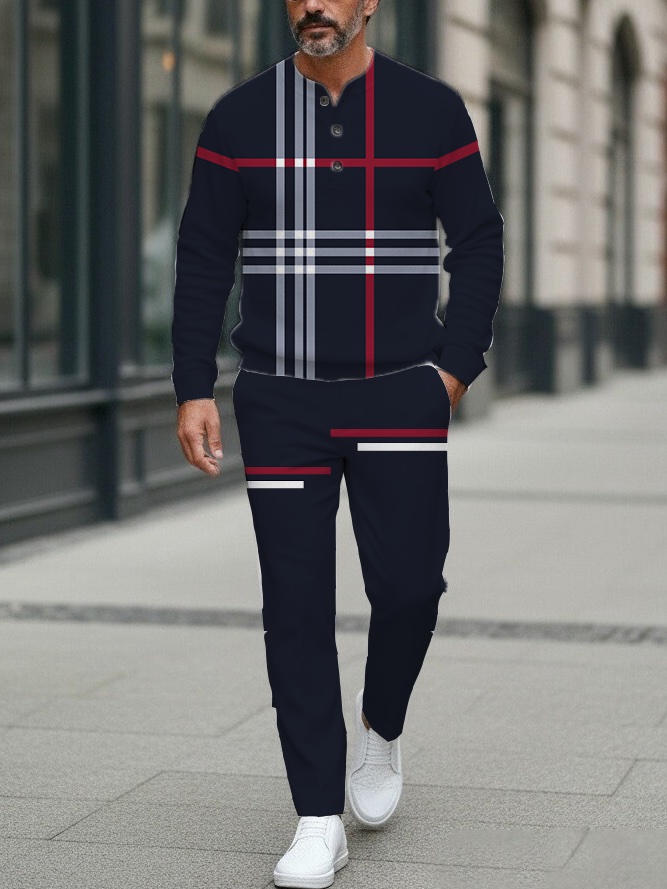 Men's Fashion Casual Geometric Print Long Sleeve Button Design Two-Piece Set