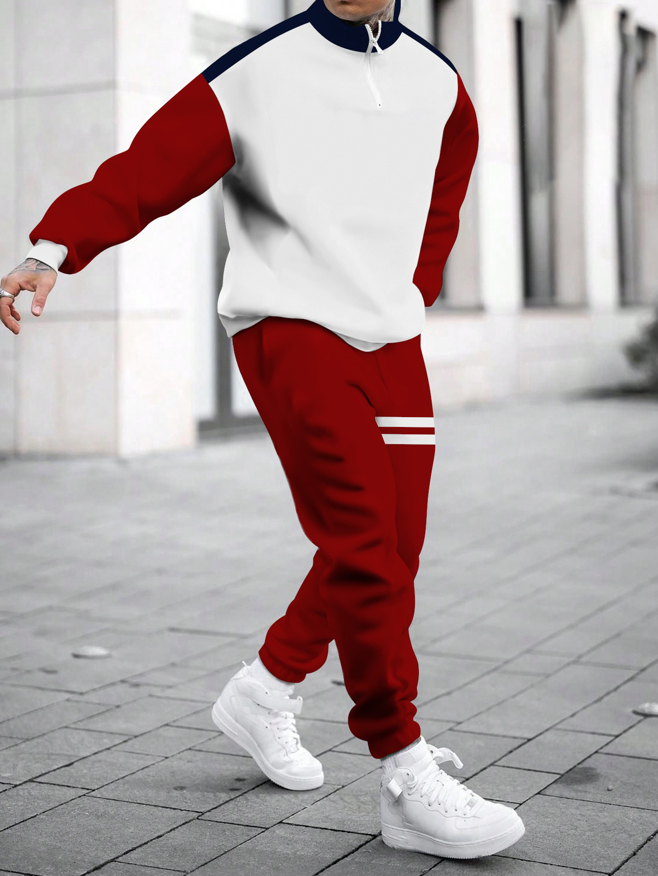 Men's fashion casual color match print long sleeve two piece set