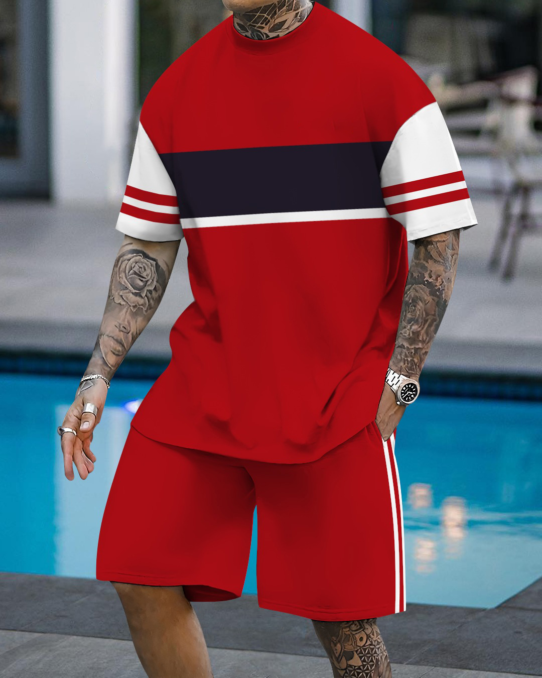 Men's fashion casual color matching printed short-sleeved two-piece se