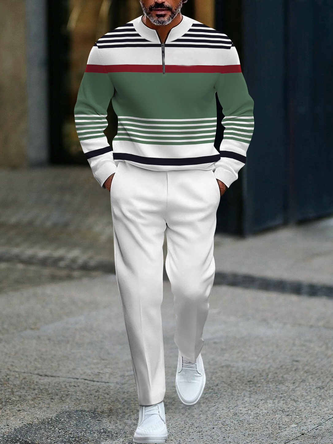 Men's fashion casual geometric print long sleeve zipper two-piece set