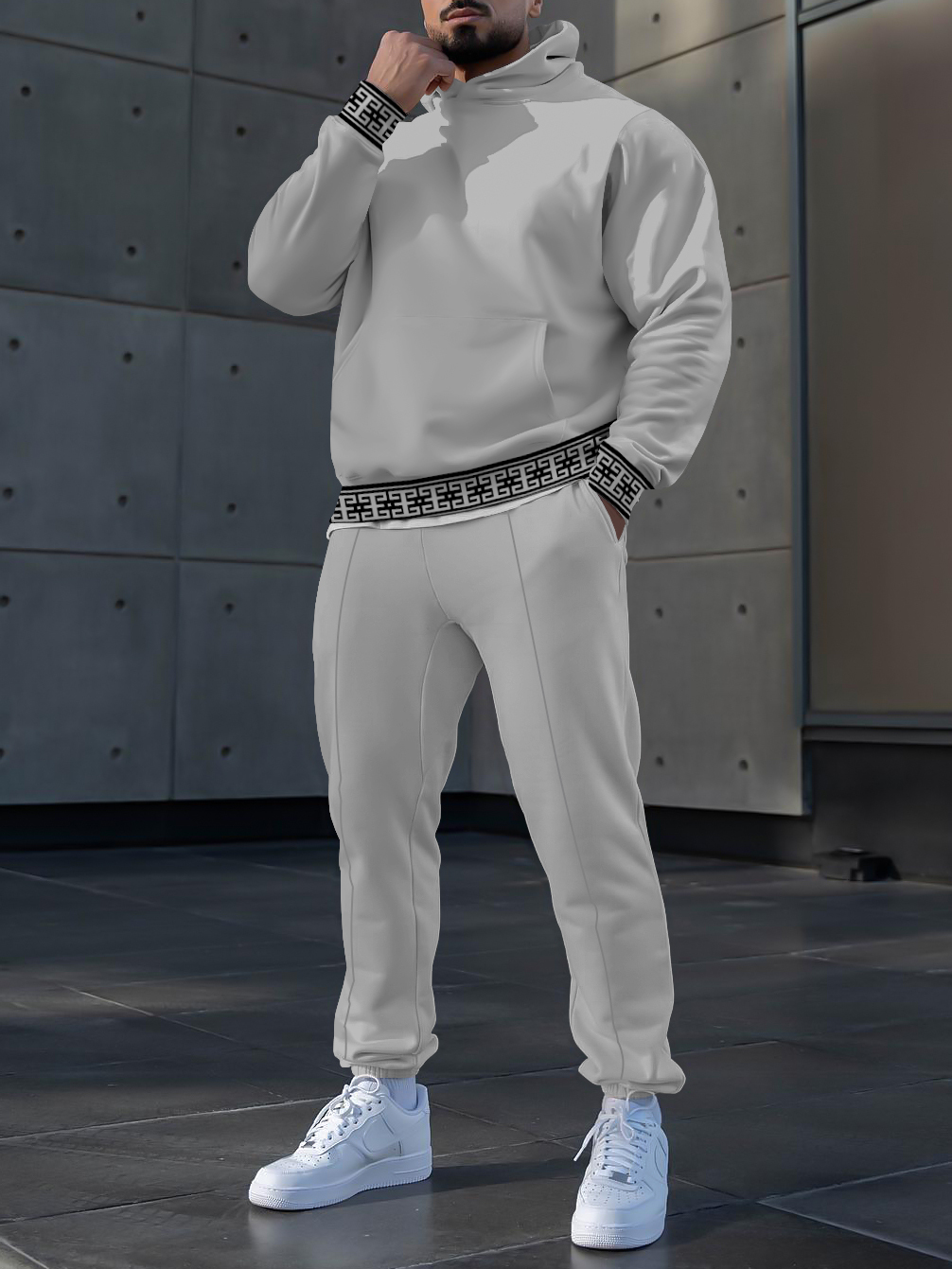 Men's fashion casual color matching polo printed hoodie two-piece set