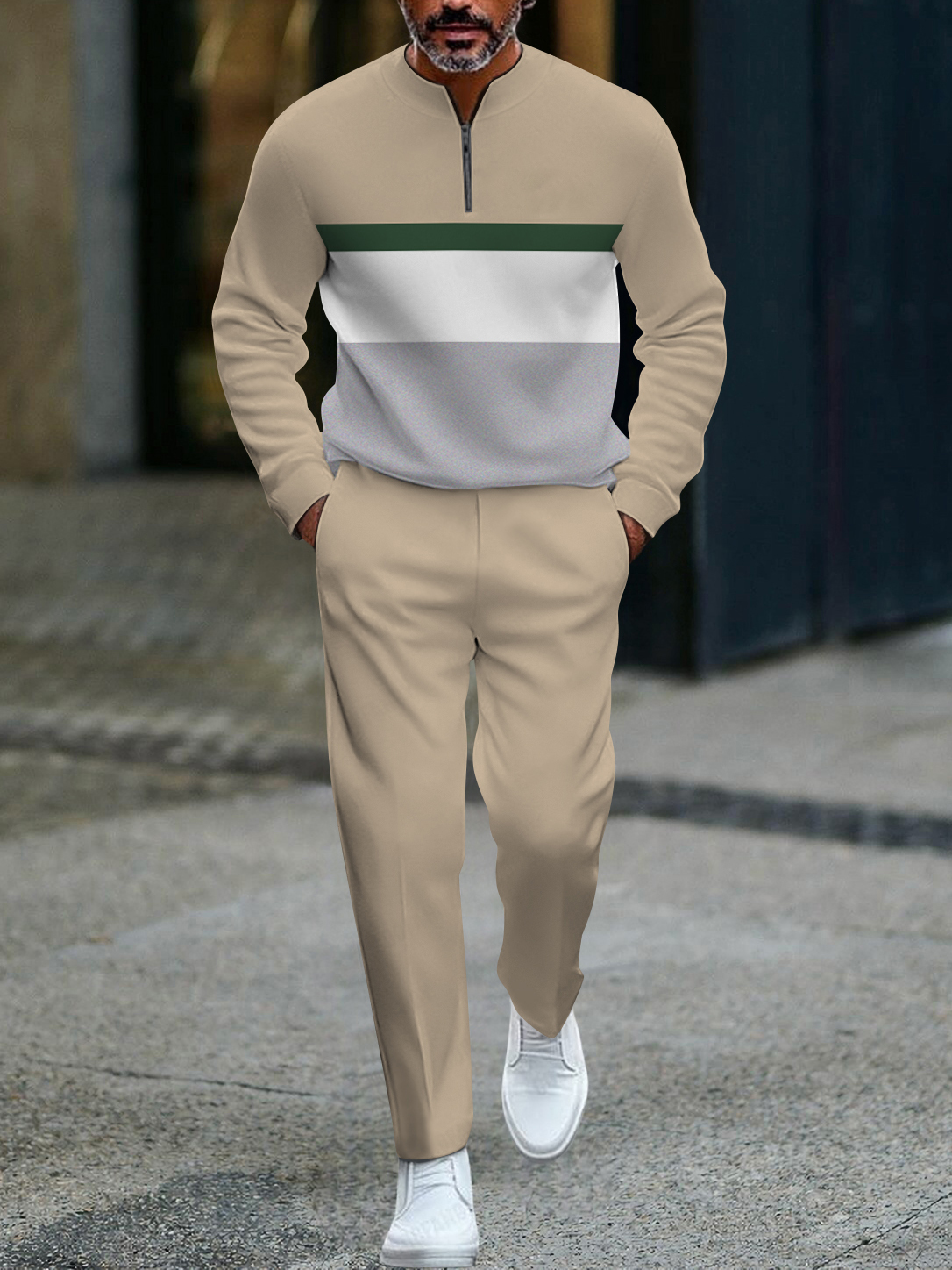 Men's fashion casual geometric print long sleeve zipper two-piece set