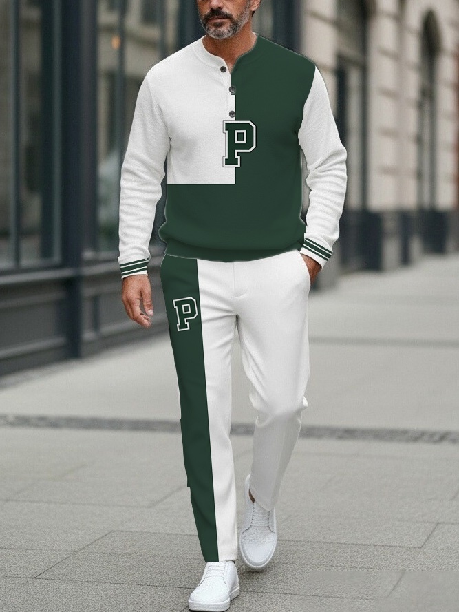 Men's fashion casual geometric print long sleeve zipper two-piece set