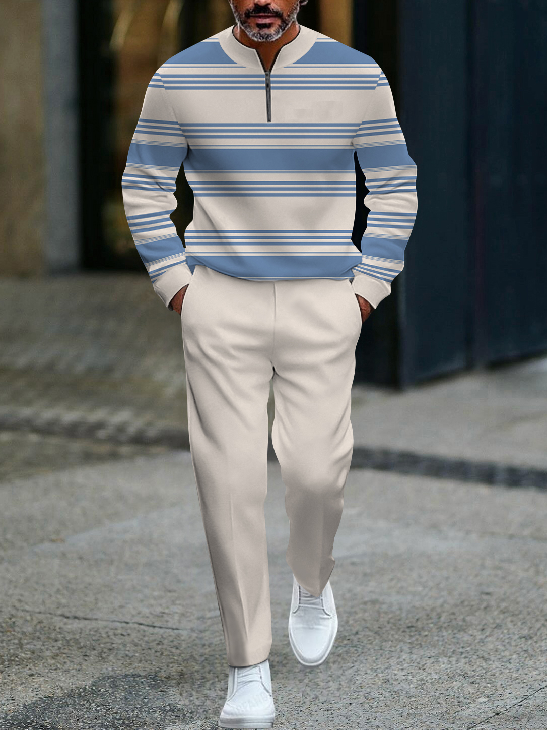 Men's fashion casual geometric print long sleeve zipper two-piece set