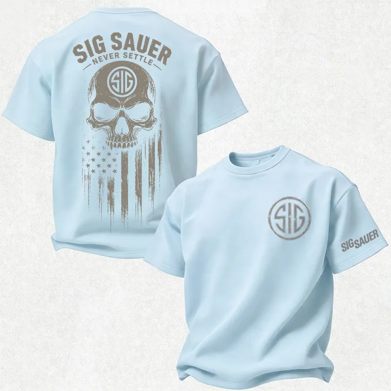 SIG NEVER SETTLE Stars and Stripes Logo Skull Print Men's T-shirt
